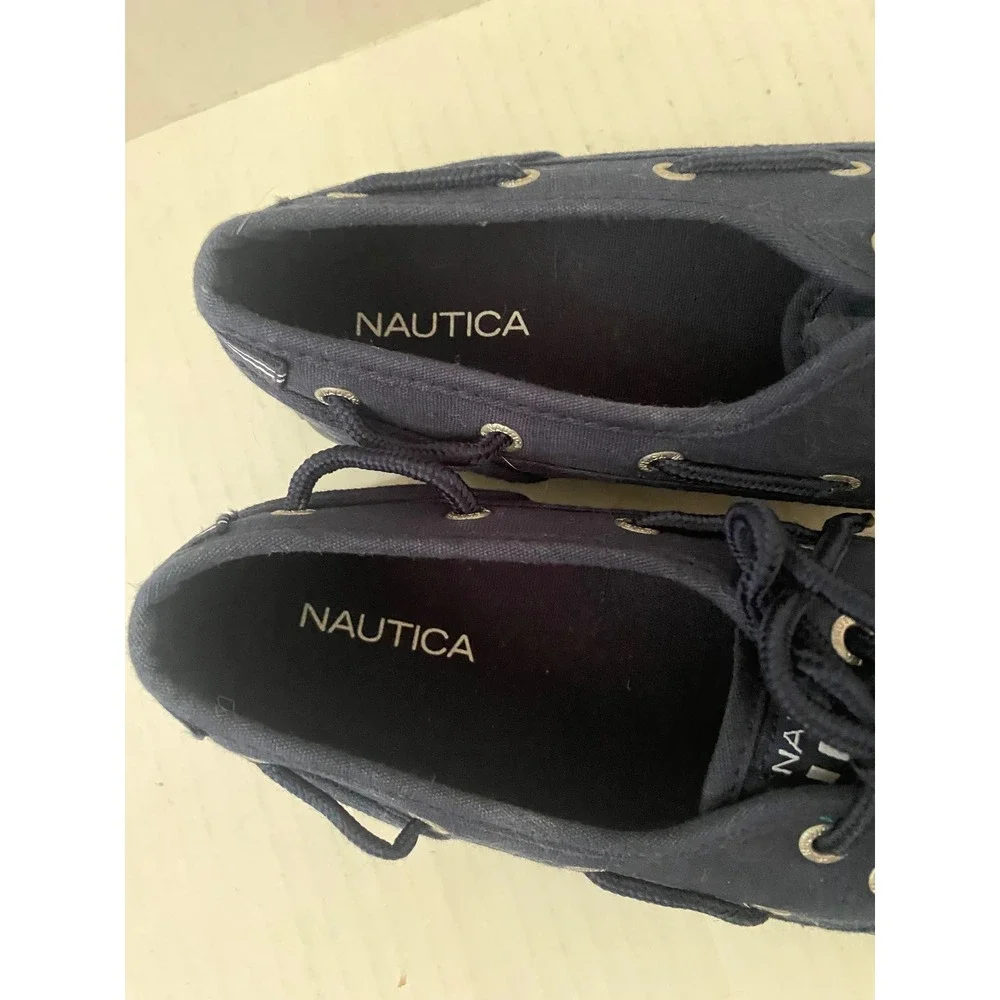 Nautica Womens Navy Blue Canvas‎ Boat Shoes Moc Toe Lace Up Flats Size 9